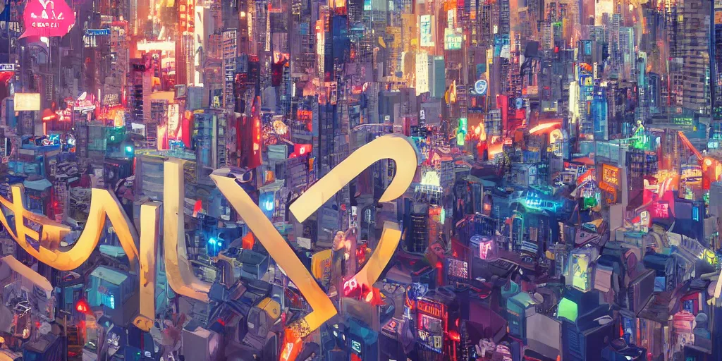 Prompt: an epic comic book style painting of the uppercase letter x towering over the world, the letter x, giant font, massive lettering, future tokyo cityscape with ribbons, colorful banners and ribbons, masterpiece, octane render, extreme details, trending on artstation, dynamic lighting