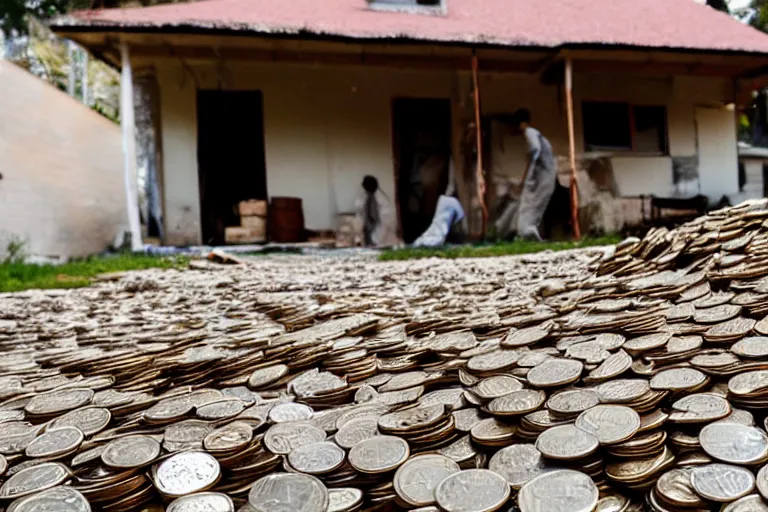 Prompt: a house, under construction, made of money, with piles of coins around it