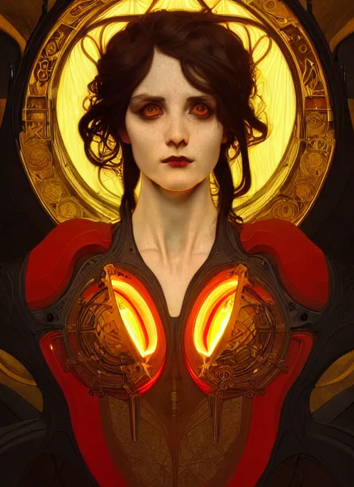 Image similar to the god hephaestus, ash hair, glowing eyes, volumetric lights, yellow and red scheme, art nouveau botanicals, gothic, intricate, highly detailed, digital painting, artstation, concept art, smooth, sharp focus, symmetric face, illustration, steampunk, art by artgerm and greg rutkowski and alphonse mucha