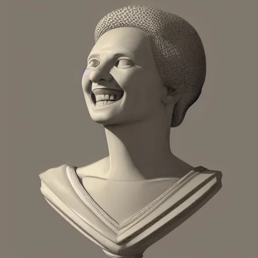 Prompt: a 3 d smiling model of a white marble human head holding a coctail, digital illustration, in the style of leticia gillett, 3 d render, above the waist