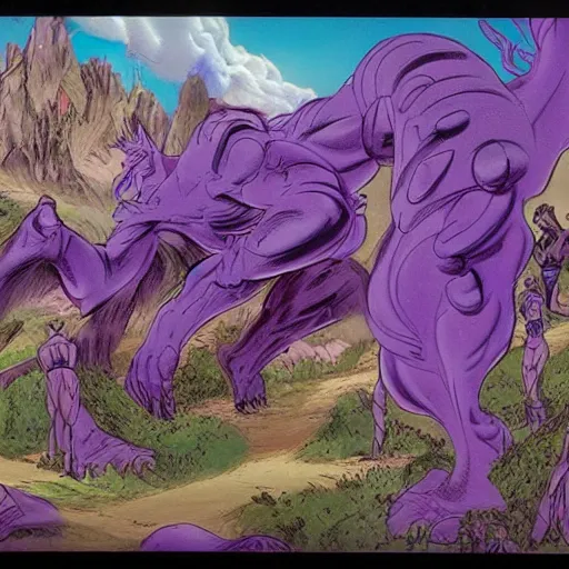 Image similar to The Purple People Eater :: extremely detailed landscape :: concept art by Don Bluth :: a masterpiece by Alan Davis ::