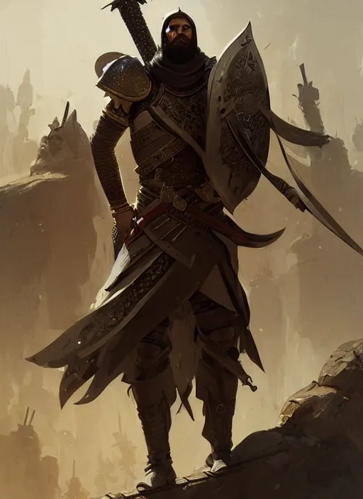 Image similar to epic arabic war commander with mechanical sword and shield highly detailed, digital painting, concept art, smooth, sharp focus, illustration, art by greg rutkowski