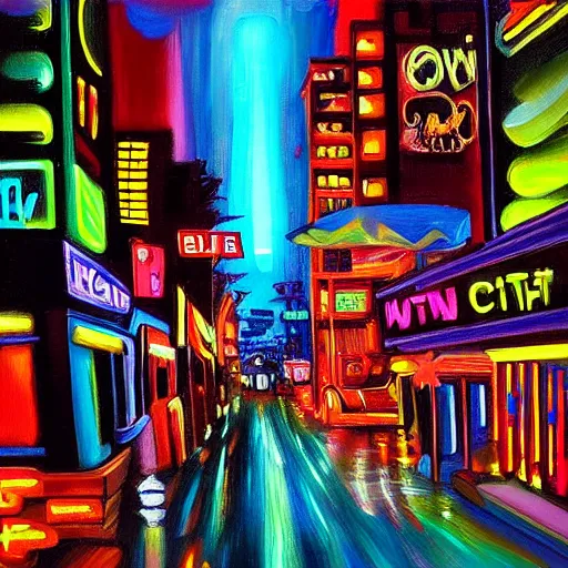 Image similar to neon city with cat realistic painting