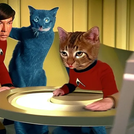 Image similar to a scene from star trek but the crew are cats