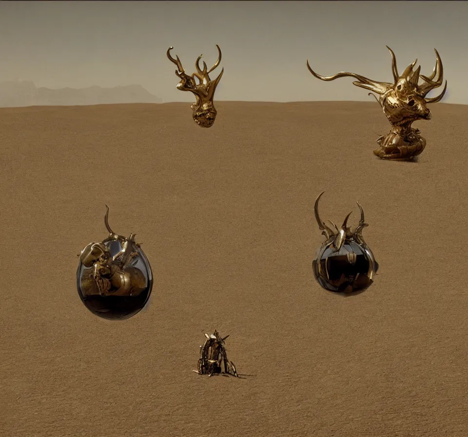 Image similar to salvador dali wearing a horned golden jewels crown in a dry sand desert landscape, alien spaceship by giger in the sky, film still from the movie by alejandro jodorowsky with cinematogrophy of christopher doyle and art direction by hans giger, anamorphic lens, kodakchrome, very detailed photo, 8 k