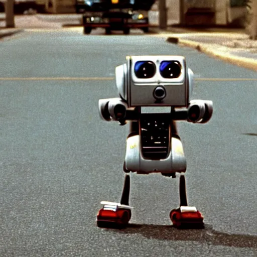 Prompt: robot Johnny 5 in Short Circuit 1986, cinematic still by Nick McLean