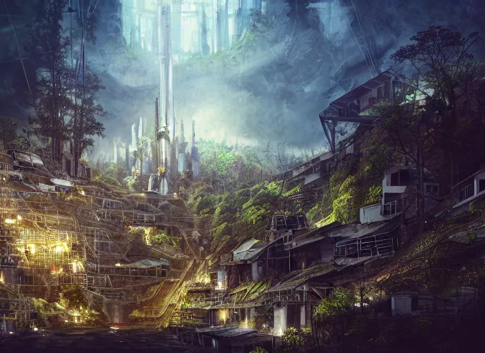 Image similar to favela spaceship cathedral, forest environment, sorcery, scenery, professional, award - winning, trending on artstation, hyper detailed, realistic, beautiful, emotional, shiny, somber, picture