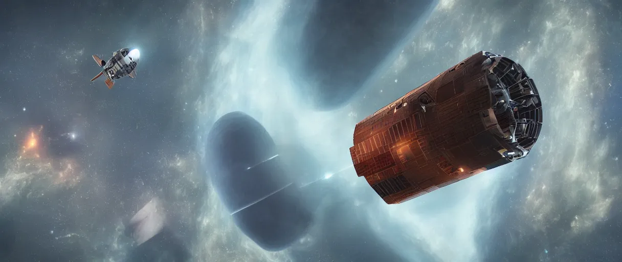 Image similar to illustration, a single small spaceship, nasa, deep space exploration, alone, the expanse tv series, industrial design, battlestar galactica tv series (2004), cinematic lighting, 4k, greebles, widescreen, wide angle, sharp and blocky shapes, rich colors, hyper realistic, hubble photography, beksinski