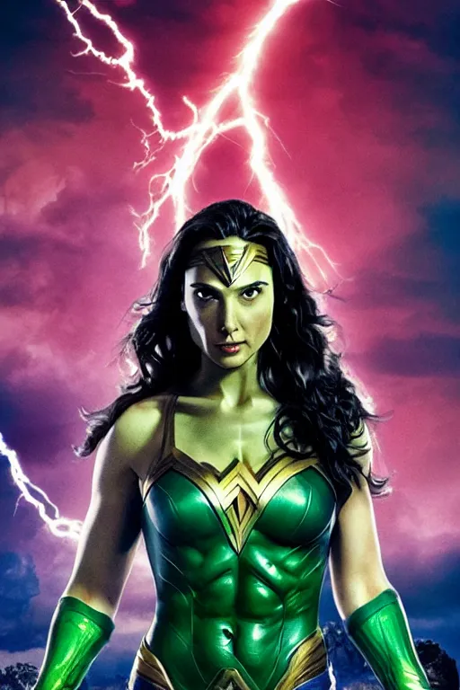 Image similar to gal gadot as the hulk, illustrated movie poster