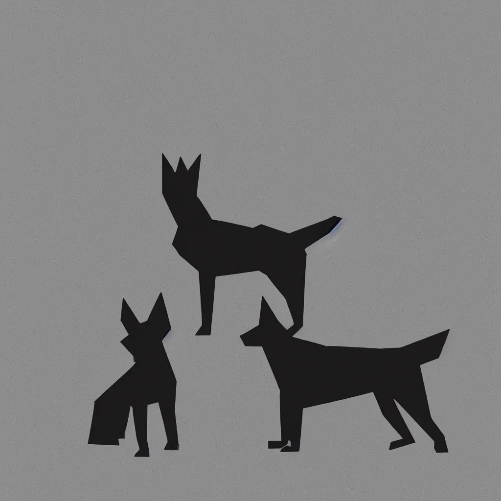 Prompt: 3 d render of chinese tangram of german shepherd figure made of dark gray pieces on light gray background, 2 d image