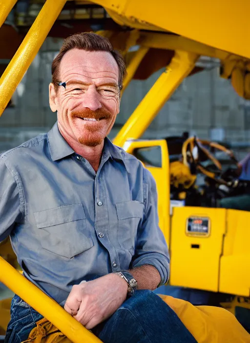 Prompt: closeup portrait of cheerful bryan cranston as a crane operator, yellow hardhat, sitting in a crane, natural light, bloom, detailed face, magazine, press, photo, steve mccurry, david lazar, canon, nikon, focus