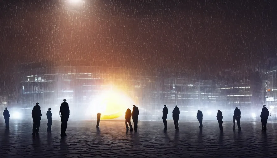 Prompt: policemen protect a huge spiral - shaped luminous object right in the center of the city from protesting people, night, rain and light fog, professional lighting, concept art in 3 d, high detail, professional lighting