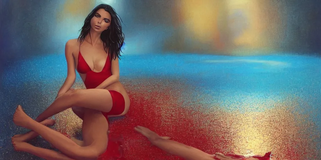 Prompt: Emily Ratajkowski with beautiful face and full body laying in a blood red pool of water between a bright golden glowing mirror frame, outside is space and inside the mirror frame is a beautiful landscape. Hyperrealistic surreal 4K IMAX Rene Margritte intricate, elegant, highly detailed, digital painting, artstation, concept art, smooth, sharp focus, illustration, art by artgerm and greg rutkowski and alphonse mucha