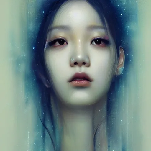 Image similar to jisoo of blackpink, snake, hyperrealistic portrait, bladerunner street, by karol bak and agnes cecile, album cover, fantasy art, photo realistic, dynamic lighting, artstation, poster, volumetric lighting, very detailed face, 8 k, award winning