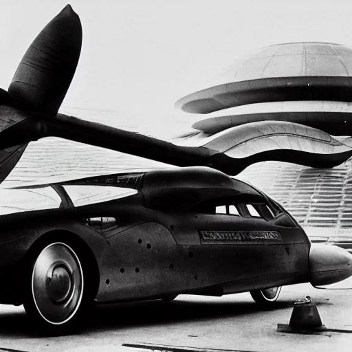 Image similar to an oldie car with wings, cyber punk, starship in background, detailed, award winning, masterpiece, photograph, cinematic, black-white retro photo 1910