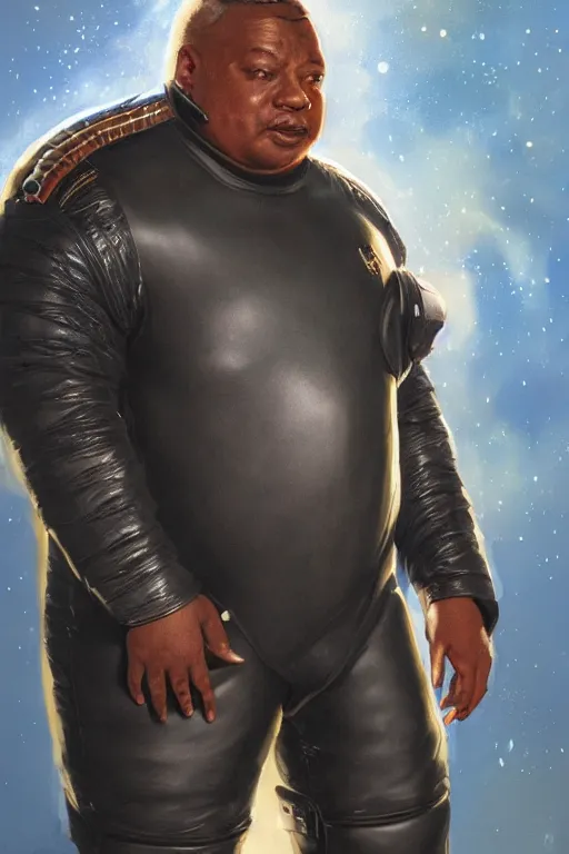 Prompt: portrait of a black man as baron harkonnen wearing leather spacesuit, detailed, sunshine, nebula space background, illustration by normal rockwell, artstation character art, adebanji alade, concept art, greg rutkowski