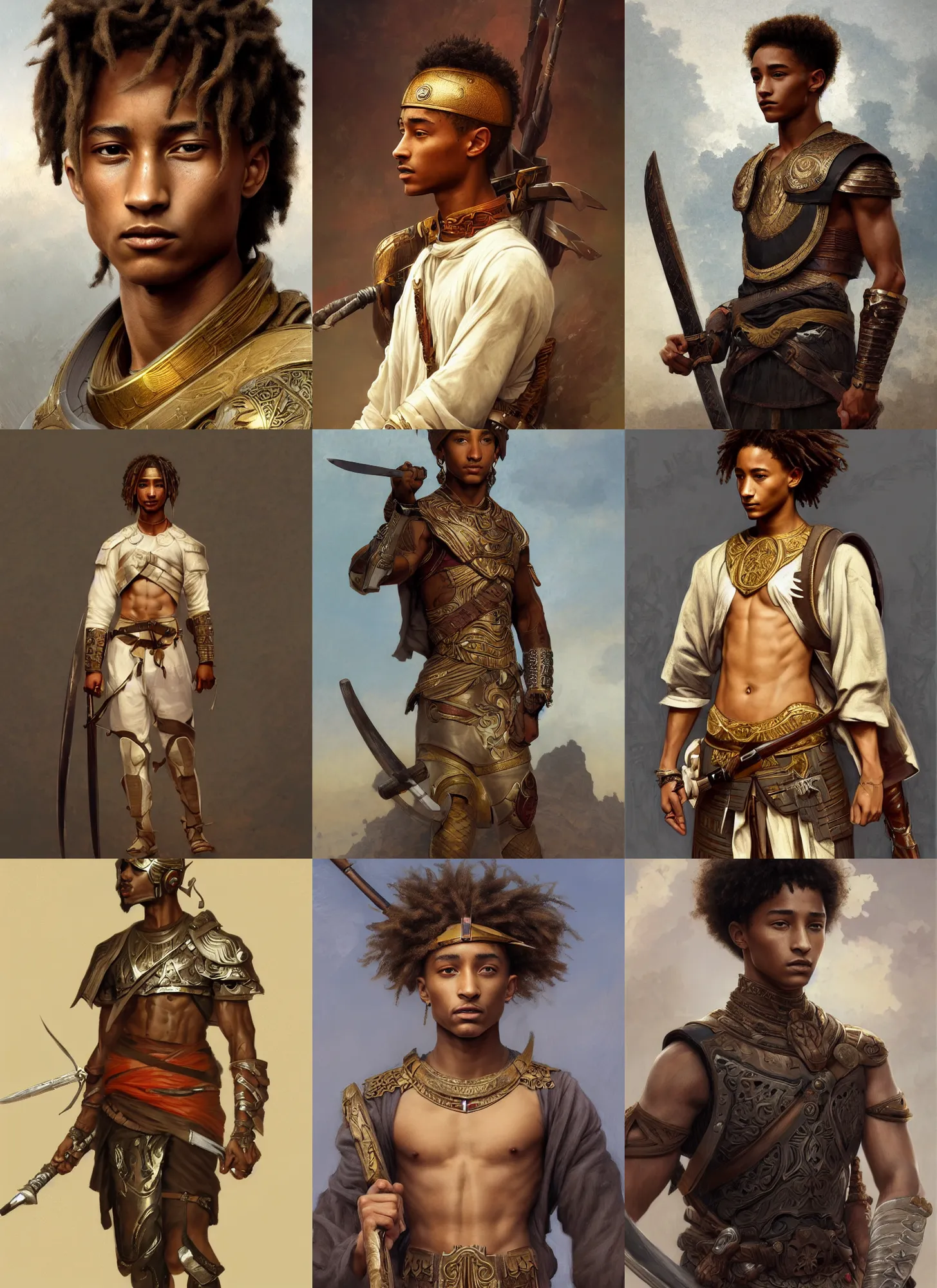 Prompt: portrait jaden smith as ancient libyan warrior, intricate, elegant, highly detailed, digital painting, artstation, concept art, smooth, sharp focus, illustration, orientalisme, bouguereau, rutkowski, mucha