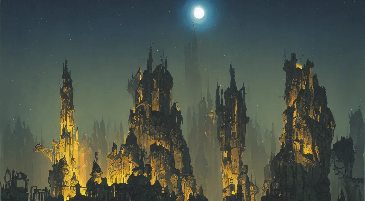 Prompt: a high contrast painting of a flooded ancient tower at night by simon stalenhag carl spitzweg rene magritte ralph mcquarrie roger dean chris foss, full-length view, highly detailed, vibrant colors, extremely high contrast!, symmetry, great composition, high detail, cinematic lighting, award winning masterpiece, trending on artstation