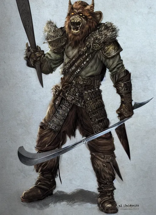 Prompt: strong young man, photorealistic bugbear ranger holding aflaming sword, black beard, dungeons and dragons, pathfinder, roleplaying game art, hunters gear, jeweled ornate leather and steel armour, concept art, character design on white background, by alan lee, norman rockwell, makoto shinkai, kim jung giu, poster art, game art