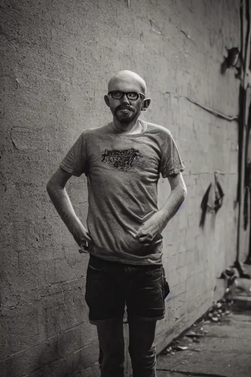 Image similar to full body photo of a 5 0 year old heroin addict ginger men with crooked teeth, shady dark backalley at night, nerdy appearance, smooth, sharp, 8 5 mm, f / 1. 3