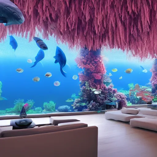 Prompt: the realistic photo of the modern fashionable room as aquarium with a chandelier as a big jellyfish, beautiful corals on the walls and sharks in the big panoramic window, a lot of gleans, under the ocean, realistic colors, realistic shadows, daylight made in blender, hd, 3 d by beeple and by greg rutkowski