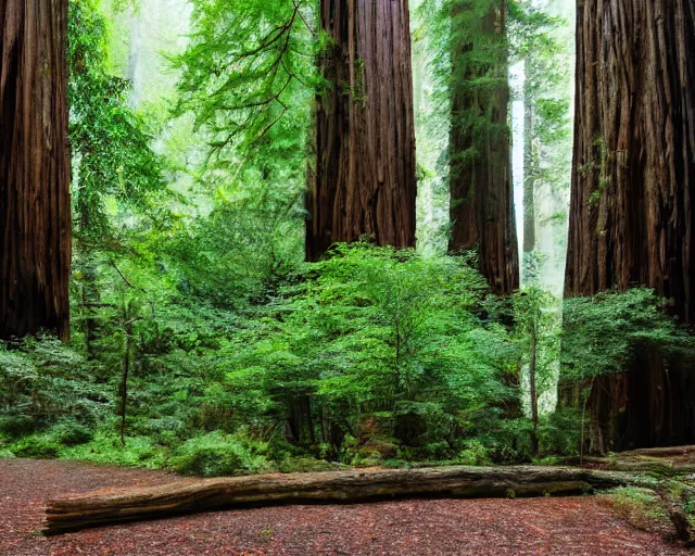 Prompt: giant redwoods, muir woods, roaring river, marin, lush green, magical secret forest, photorealistic, hyper real