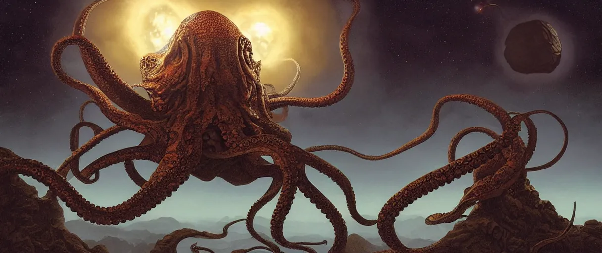 Image similar to detailed hyper realistic alien octopus demigod which looks deeply intimidating, menacing alien snake fighting giant spiders, floating island on a barren exoplanet, beautiful dramatic moody lighting, cinematic atmosphere, by Ralph McQuarrie| sparth:.2 | Tim white:.4 | Rodney Mathews:.2 | Graphic Novel, Visual Novel, Colored Pencil, Comic Book:.2