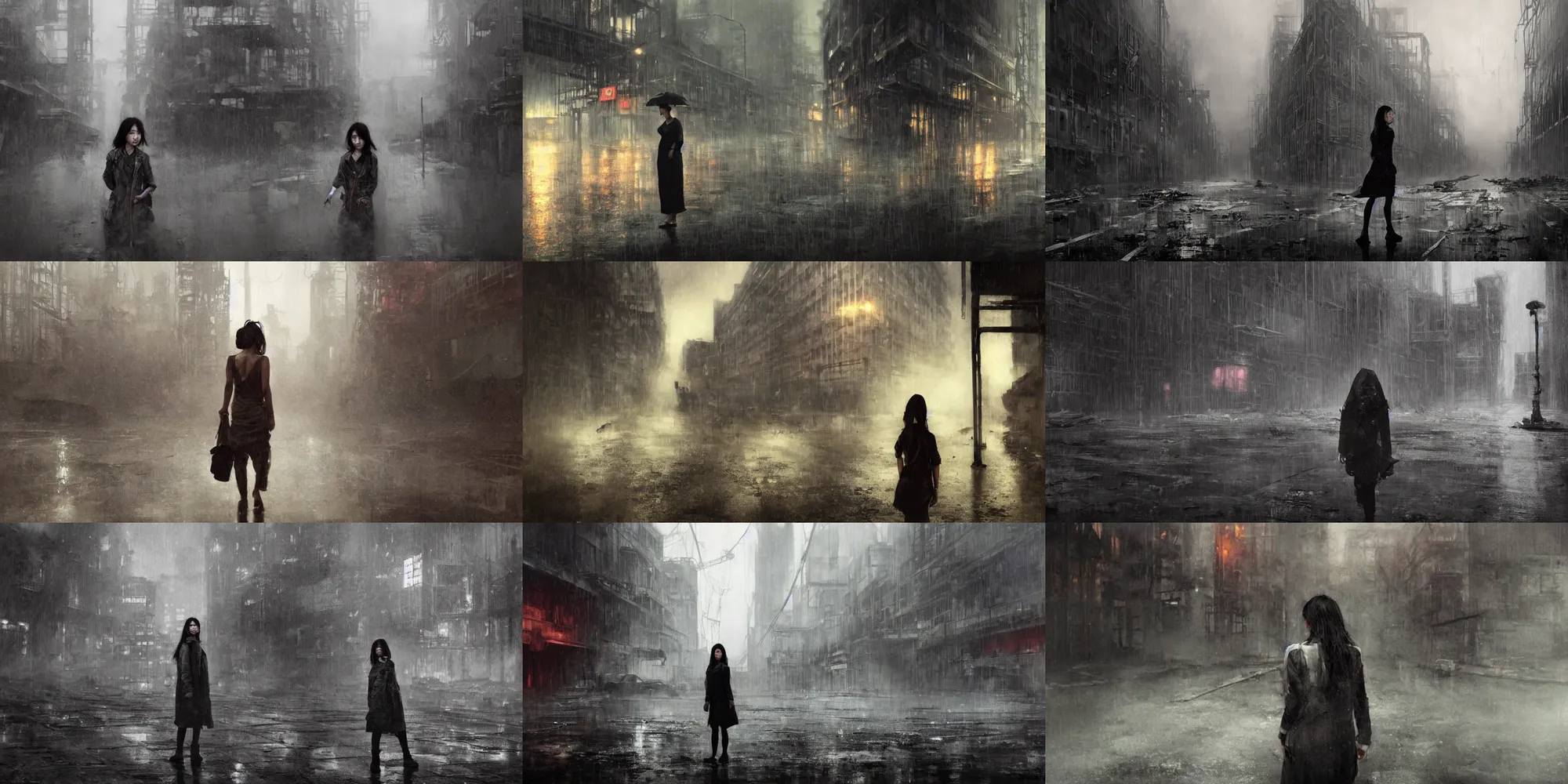 Prompt: an asian woman in abandoned industrial city with towering factories, fire escapes, scaffolding, smokestacks at night in the rain, beautiful face, dark moody lighting, innocent look, post - apocalyptic, desolate, by jeremy mann and alphonse mucha, dramatic lighting, ethereal, stunning, breathtaking, awe - inspiring award - winning, 8 k