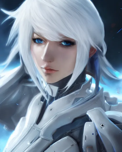 Image similar to perfect white haired girl, warframe armor, beautiful, dreamy, half asian, pretty face, blue eyes, detailed, windy weather, scifi platform, laboratory, experiment, 4 k, ultra realistic, epic lighting, cinematic, high detail, masterpiece, akihito tsukushi