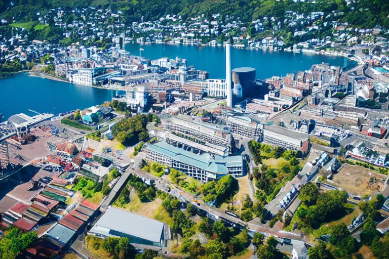 Image similar to bird's eye view photography of a small city. town hall, central farm, monorail station, beach and shipping dock. hills, woods and lake to the north.