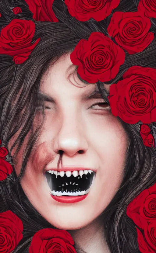 Prompt: very detailed digital drawing of a face covered with teeth lying in red roses.