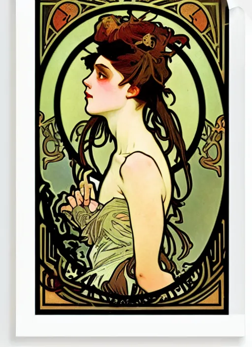 Prompt: a portrait of a pretty sewer punk young lady by alphonse mucha