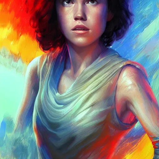 Prompt: daisy ridley ( star wars ), full body portrait colorful oil painting by android jones, john jean, yuumei, yanjun cheng, unreal 5, daz, hyperrealistic, octane render, rpg portrait, dynamic lighting, fantasy art, beautiful face