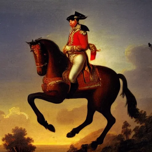 Image similar to a 1 8 th century painting of napoleon riding a horse with sunset in venice