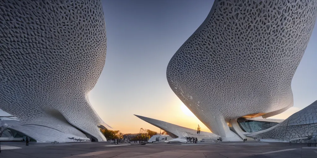 Image similar to extremely detailed ornate stunning sophisticated beautiful elegant futuristic museum exterior by Zaha Hadid, stunning volumetric light, stainless steal, concrete, translucent material, beautiful sunset, tail lights