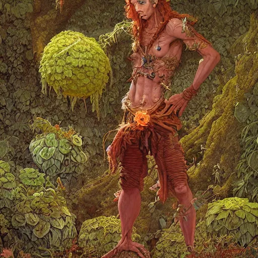 Prompt: Rootpunk Physique Portrait of a Shaman Guy wearing an ivy costume lichen disguised as a human standing atop a red clay pot greg rutkowski jen bartel peter mohrbacher anna podedworna arthur rackham salvador dali octavio ocampo jacek yerka winslow homer norman rockwell uta natsume prismacolor tombow quill