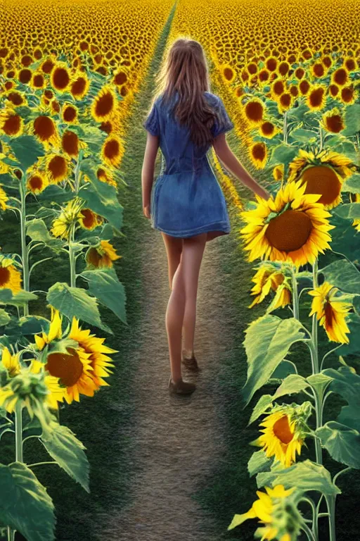 Image similar to a girl slowly walking through amazing tall sunflower field, hair flowing, fanart, by concept artist gervasio canda, behance hd by jesper ejsing, by rhads kuvshinov, rossdraws global illumination radiating a glowing aura global illumination ray tracing hdr render in unreal engine 5, tri - x pan stock, by richard avedon