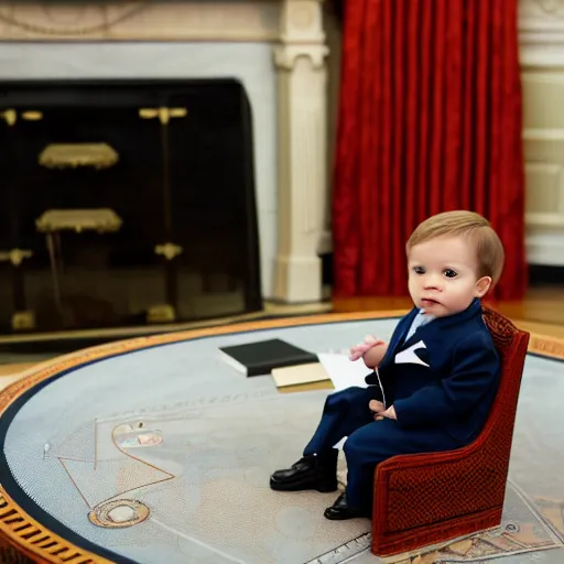 Image similar to professional photograph of a cute toddler wearing a suit and sitting in the oval office desk, very detailed, very intricate, 8 k,