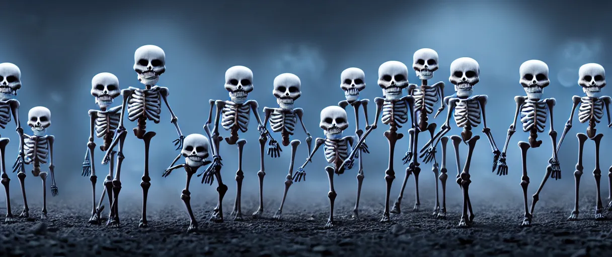 Image similar to hyperrealistic supercute skeleton army ute osterwald jason limon professional concept art dramatic blue lighting wide angle hd 8k sharp shallow depth of field