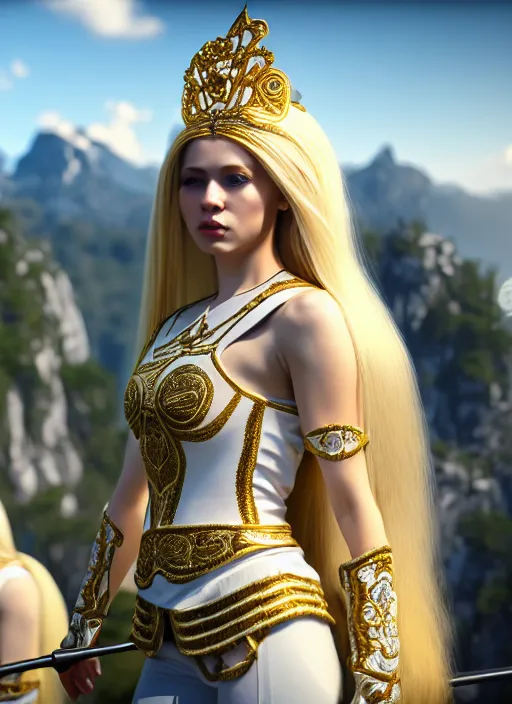 Image similar to a photo of 8 k ultra realistic humanoid princess with long blonde hair, standing next to a beautiful view, ornate white officers outfit with gold embellishments, cinematic lighting, trending on artstation, 4 k, hyperrealistic, focused, extreme details, unreal engine 5, cinematic, masterpiece