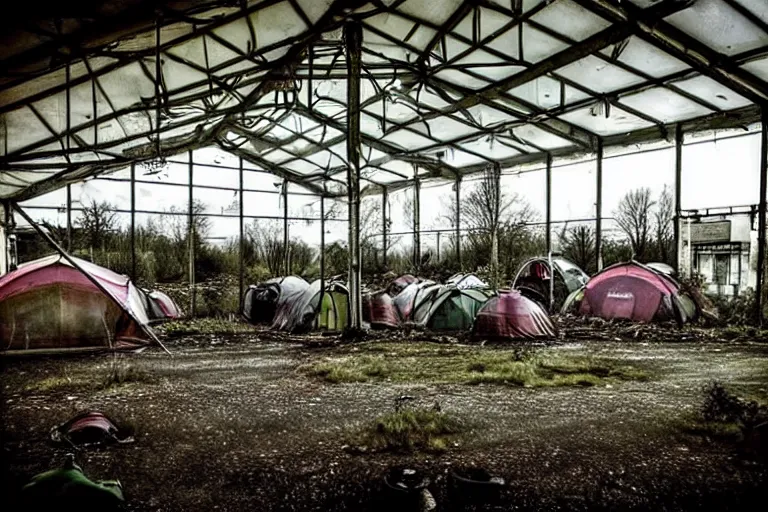 Image similar to post apocalyptic over grown leisure centre being used as shelter, night!!!!, barrel fires and tents, low light