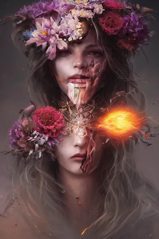 Image similar to face closeup of beautiful girl necromancer, witch - doctor exploding into flowers, angels, 3 d render, hyper - realistic detailed portrait, holding fire and electricity, leaves and magic, ruan jia, wlop. scifi, fantasy, magic the gathering, hyper detailed, octane render, concept art, peter mohrbacher