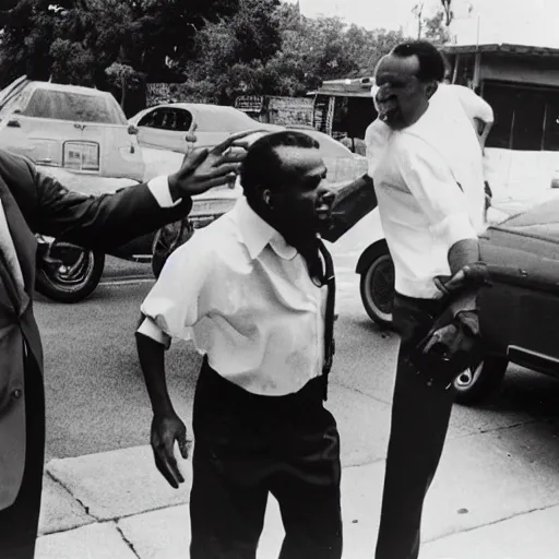 Image similar to Jamal and DeAngelo shooting up smack with Richard Nixon behind a 7/11, photo