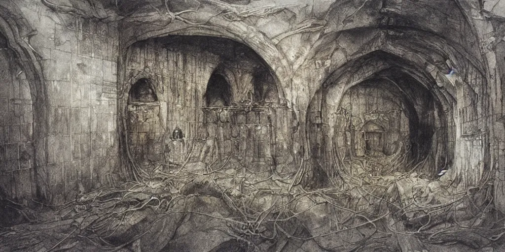 Prompt: Artwork by Alan Lee of the cinematic view of the Seventh Terrifying Prison.