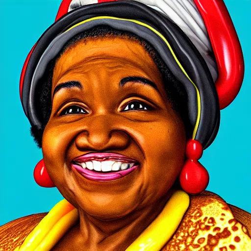 Image similar to uhd photorealistic pancake portrait of aunt jemima.