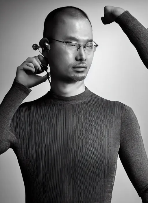 Image similar to Close upper body shot. Artistically angled subject. Professional studio portrait lighting. Technological fashion photography. Model wearing business casual attire. Mechanical wearables designed by Ikeuchi Hiroto. Hydraulics. Reflective domes. Bulky wearables. Receiver Antennae.