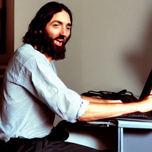 Prompt: Jesus Christ excited typing on a computer