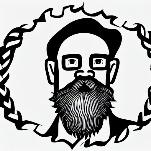 Image similar to bearded man using woodlathe, machinery, sawblade border, vector art, simple, clean, monochromatic, woodturning