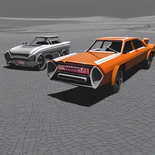 Prompt: vintage cars race on mars, lowpoly, 3 d