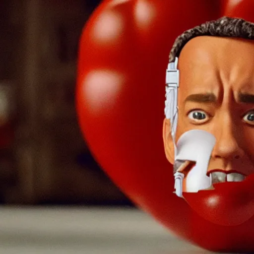 Image similar to still from a movie starring tom hanks with his head made out of a large tomato